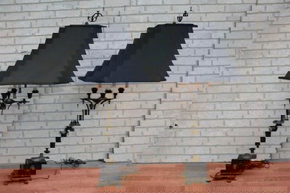 Antique Empire Revival Black Bronze Figural Candelabra Table Lamps - Pair