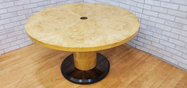 Vintage Blonde Burl & Rosewood Cylinder Pedestal Game Table