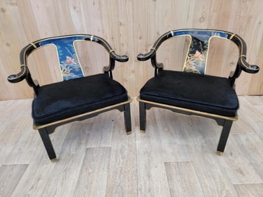 Mid Century Modern James Mont Chinoiserie Style Horseshoe Chairs Newly Upholstered - Pair