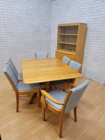 Mid Century Modern Heywood Wakefield 6 Chairs Newly Upholstered and Display Cabinet - 8 Piece Dining
