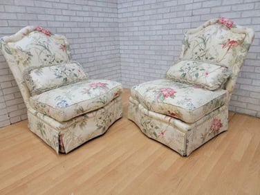 Vintage French Provincial Floral Upholstered Armless Slipper Chairs by Baker Furniture Co. - Pair