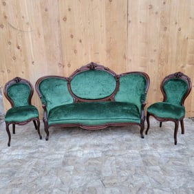 Antique Victorian Carved Medallion Back Sofa with 2 Side Chairs Newly Upholstered in Green Velvet -