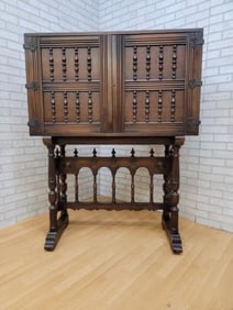 Antique Spanish Renaissance Style Carved Walnut Two Section Pedestal Campaign Chest
