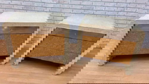 Modern Deco Style Ernest Masi Grass Cloth Wrapped Burlwood End Tables - Pair