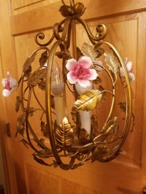 Vintage Italian Mid Century Hollywood Regency Gilt Floral Birdcage Chandelier with Porcelain Flowers