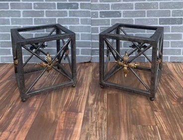 Vintage Forged Wrought Iron Side Tables with Gilded Leaf Motif and Glass Tops - Pair