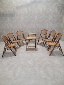Mid Century Modern British Colonial Style Bamboo Folding Chairs with 2 Folding Bamboo Side Tables -