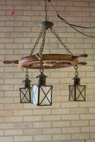 Vintage Nautical Ship Wheel Chandelier with Three Lanterns