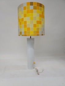 Mid Century Modern Italian White Metal Table Lamp with Cube Patterned Shade