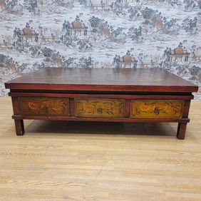 Antique-inspired Tibetan Elm Coffee Table with 3 Drawers and Hand Painted Details