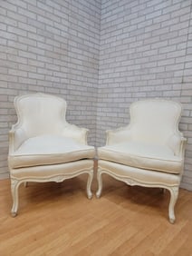 Antique French Provincial Rustic Distressed White Carved Frame Bergere Chairs - Pair