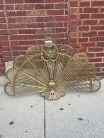 Vintage Cameo Victorian Brass Peacock Fireplace Folding Fan Screen