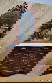 Antique Victorian Flame Mahogany Marble Top Dresser with Carved Pulls and Candle-Shelf Mirror