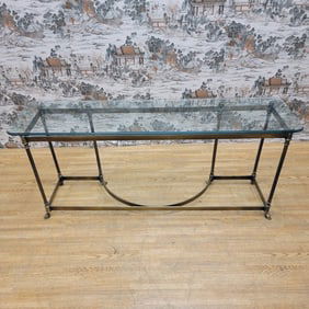 Vintage Hollywood Regency Maison Jansen LaBarge Style Brass Hoofed Feet Glass Top Console Table