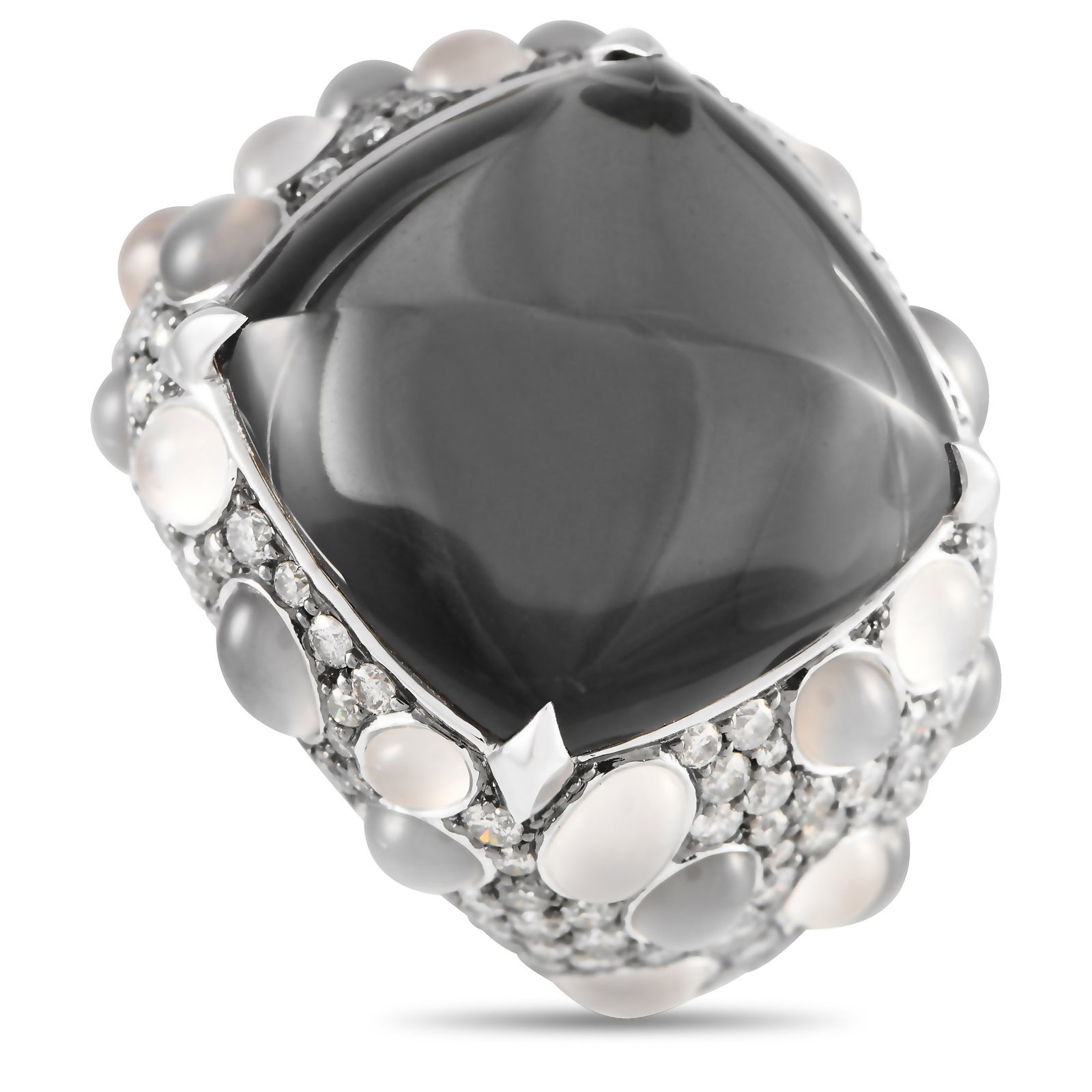 Bucherer 18K White Gold 3.11ct Diamond, Quartz, and Moonstone Ring: Bucherer 18K White Gold 3.11ct Diamond, Quartz, and Moonstone Ring Crafted from 18K white gold, the setting features a 6mm wide band and a commanding 15mm top height. The 15.23 carat quartz center sto