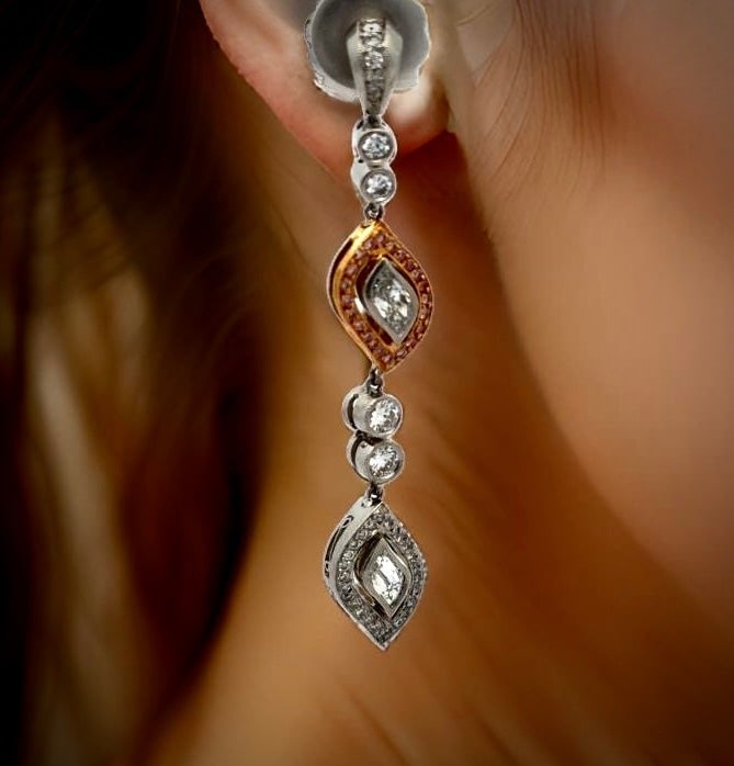 Estate Designer Michael Beaudry "Flame" 1.37 cttw Natural Fancy Pink & White Diamond Platinum/Rose: Estate Designer Michael Beaudry "Flame" 1.37 cttw Natural Fancy Pink & White Diamond Platinum/Rose Earrings. Estate Beaudry Earrings, 4 Flame Cut Diamond 0.47 cttw G-H VS1-VS2, Round Diamond 0.75 cttw