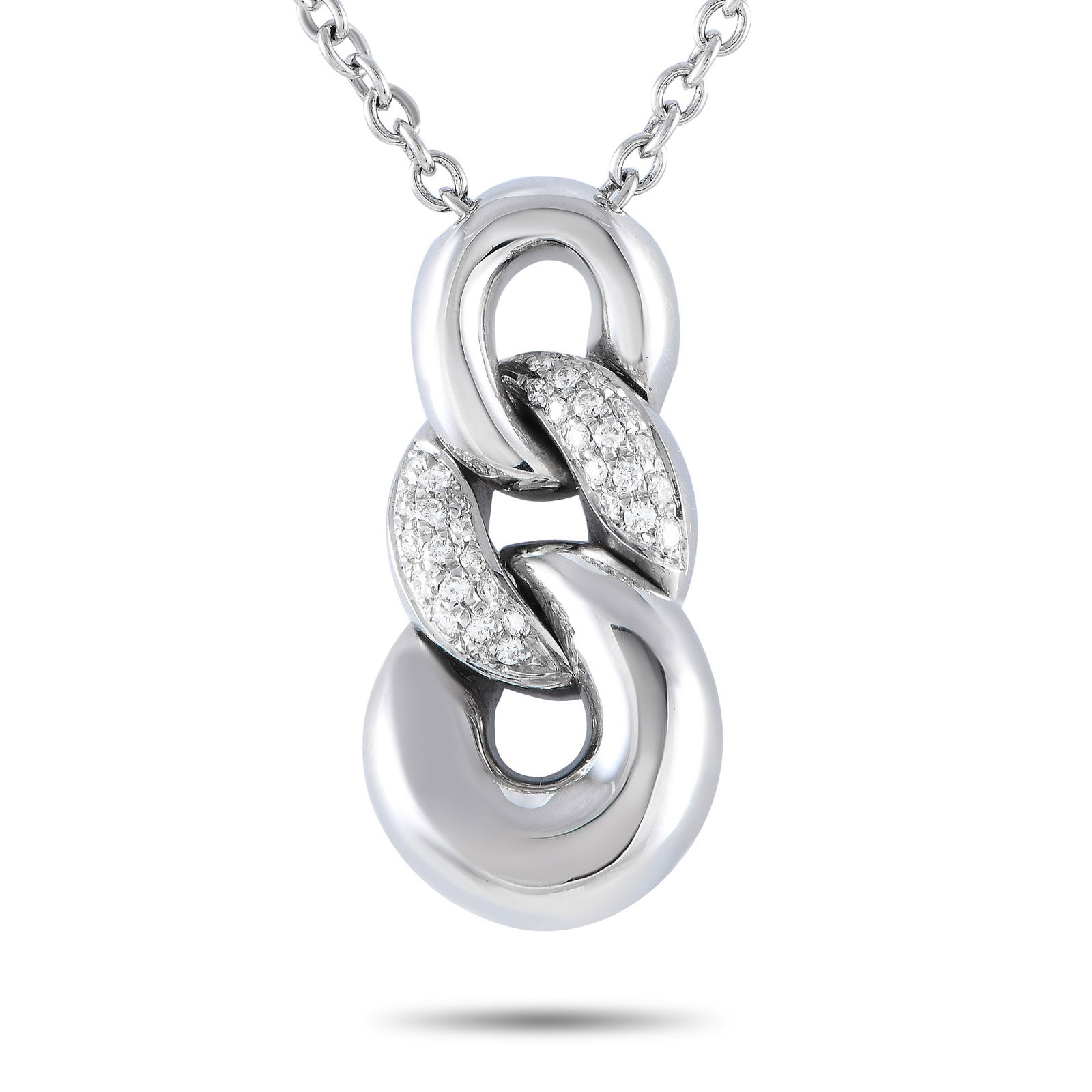 Bucherer 18K White Gold 0.35ct Diamond Curb Link Pendant Necklace: Bucherer 18K White Gold 0.35ct Diamond Curb Link Pendant Necklace. A striking 18K white gold pendant measuring 1.25 long by 0.65 wide makes a statement on this exquisite Bucherer necklace. The pendant