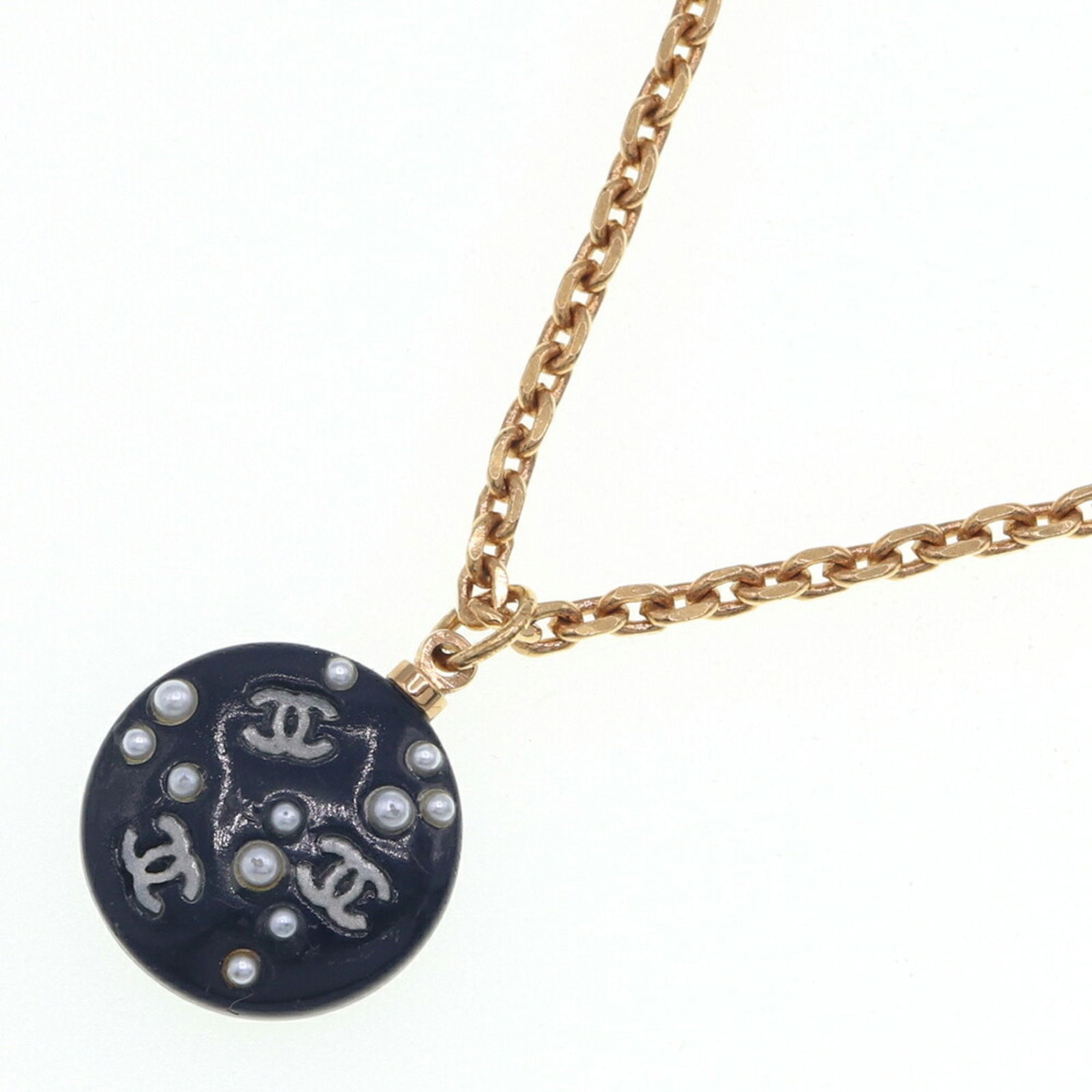 Chanel Necklace Triple Coco Mark Round Motif Black Plastic Metal Fake Pearl 03 Engraved 2003 Model (1 of 6)