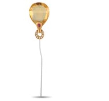 Antonini 18K Yellow Gold Gemstone Pin AK1B259: A delightful, wonderfully-cut citrine stone takes the central spot of this enchanting pin from Antonini, set on a delicate 18K yellow gold base embellished with diamonds and a strikingly contrasting r