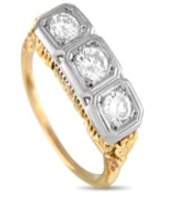 LB Exclusive Antique 14K Yellow Gold and White Gold 1.01ct Diamond Three-Stone Ring MF01-021924: It's hard not to swoon over this alluring antique trilogy ring. It features a 14K yellow gold band with a delicate 1mm-thin shank and elaborately decorated shoulders. Sitting atop the intricate galler