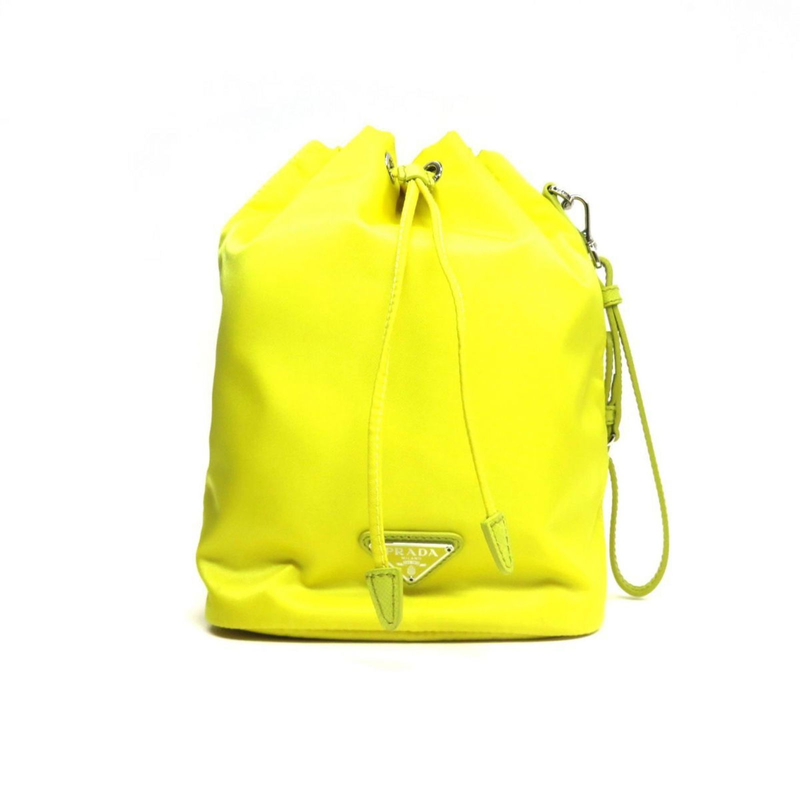 PRADA Re-Nylon Pouch 1NE369 Triangular Nylon with Strap: Category: Size Size (HxWxD): 22cm x 15cm x 10cm / 8.66'' x 5.9'' x 3.93'' Strap Length: 14.5cm - 19.5cm / 5.7'' - 7.67'' Category: Design Type: Pouch Color: Yellow Gender: Women Category: General Bran