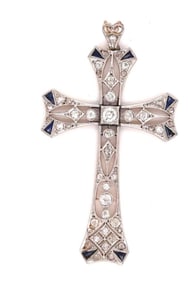 Art Deco 18k Platinum Diamond Sapphire Cross