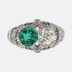 Art Deco Emerald and Diamond Two-Stone Filigree Ring