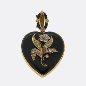 Antique Onyx and Diamond Heart Locket Pendant