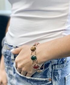 14k Retro Egyptian Revival Scarab Multi Gem Bracelet