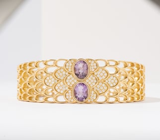 18K YELLOW GOLD ITALIAN AMETHYST & DIAMOND BRACELET, 30.90 dwt., .93ct.TW ROUND WHITE Diamonds
