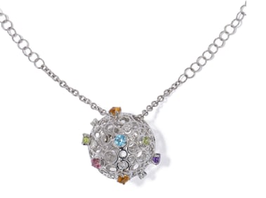 18K WHITE GOLD PALLAVIDINI DIAMOND & MULTI COLOR STONE NECKLACE, 11.50 dwt., .39ct.TW ROUND WHITE