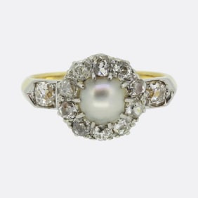 Edwardian Natural Pearl and Diamond Cluster Ring
