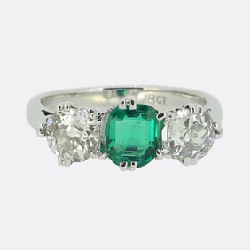 Art Deco Emerald and Diamond Three Stone Ring