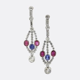 Art Deco Ruby Sapphire and Diamond Drop Earrings