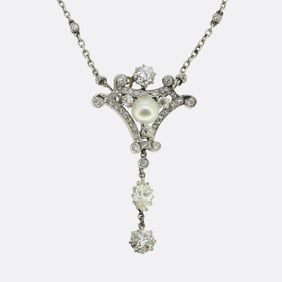 Art Deco Pearl and Diamond Drop Necklace