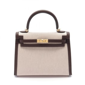 Hermes Kelly 25 Ecru Mocha Handbag Bag Leather Toile H Women's Beige Brown