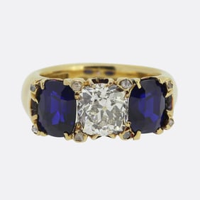 Edwardian Burmese Sapphire and Diamond Three-Stone Ring