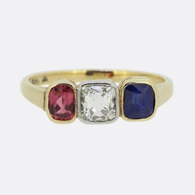 Vintage Ruby Sapphire and Diamond Three-Stone Ring