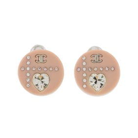 CHANEL Cocomark Heart Earrings Rhinestone Plastic Pink Silver 04A