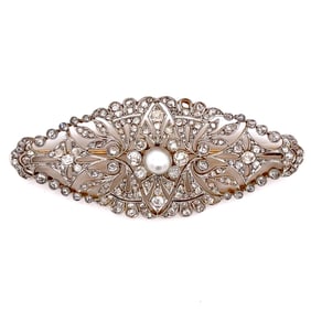 Victorian 18K Yellow Gold & Platinum Natural Pearl and Diamond Brooch
