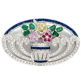 18K White Gold Diamond, Emerald, Ruby, and Sapphire Brooch