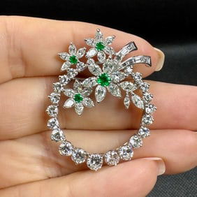 Art Deco Platinum Diamond & Emerald Brooch