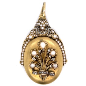 Victorian 20K Yellow Gold Natural Pearl & Diamond Pendant