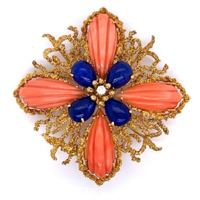 1960’s 18K Yellow Gold Coral & Lapis Lazuli Brooch