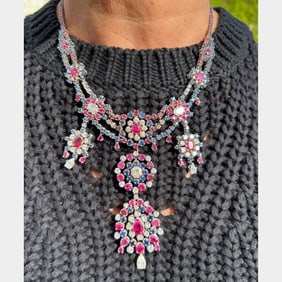 1960’s 18K White Gold CISGEM Certified Ruby Diamond & Sapphire Necklace
