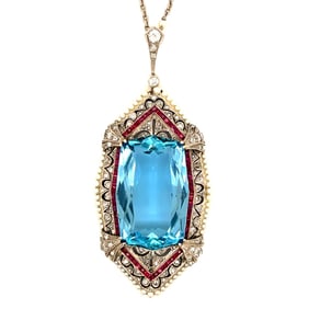 Art Deco Platinum GIA Certified Santa Maria Aquamarine, Ruby, Diamond, and Natural Pearl Necklace