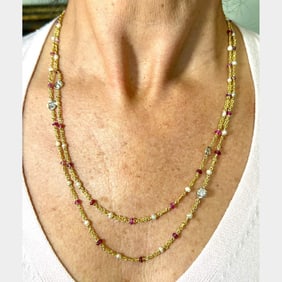 18K Yellow Gold Natural Pearl, Ruby, and Diamond by the Yard Necklace