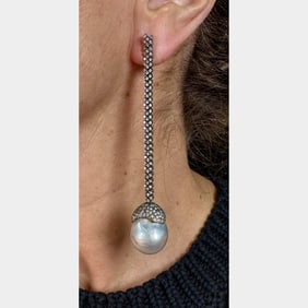 18K Black Gold South Sea Pearl & Diamond Earrings
