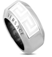 This Versace ring is made out of 18K white gold and ceramic and weighs 19.4 grams, boasting band