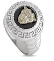 The luxury brand Versaces signature logo takes center stage on this opulent ring. Crafted from 18K